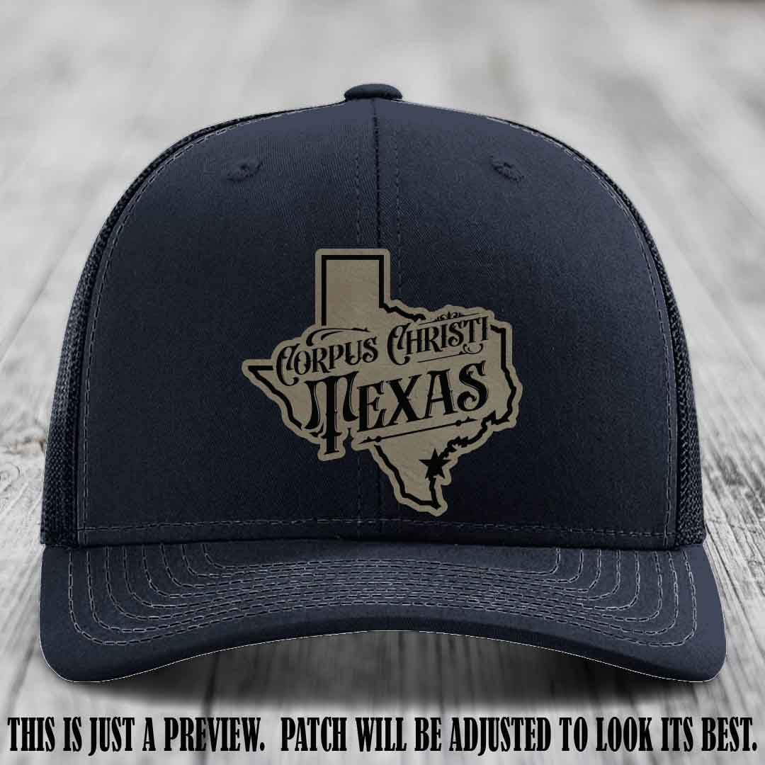 Corpus Christi Texas Light Brown to Black Patch Leather Patch on Navy Hat Richardson 112 Hat
