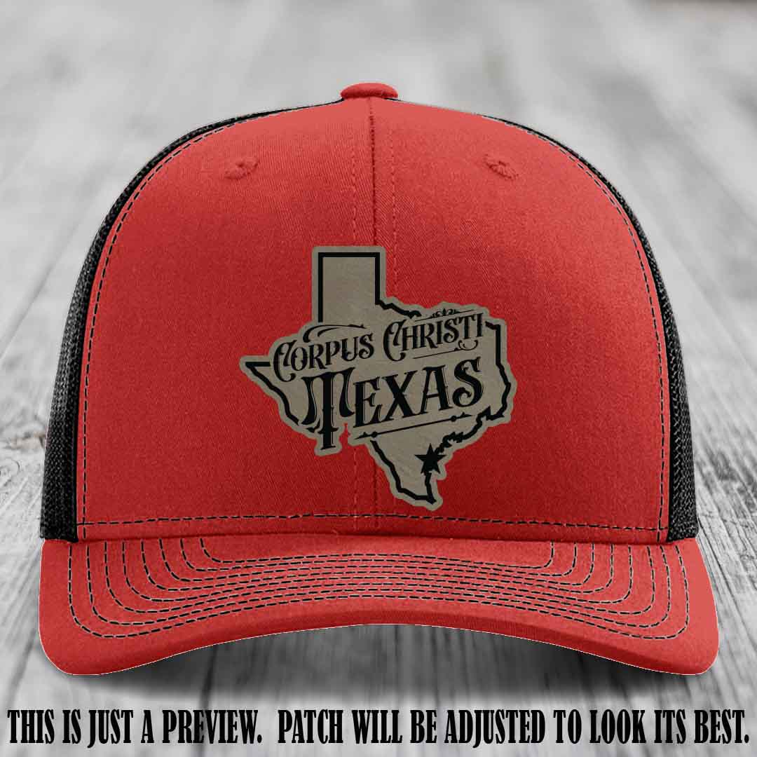 Corpus Christi Texas Light Brown to Black Patch Leather Patch on Red to Black Hat Richardson 112 Hat