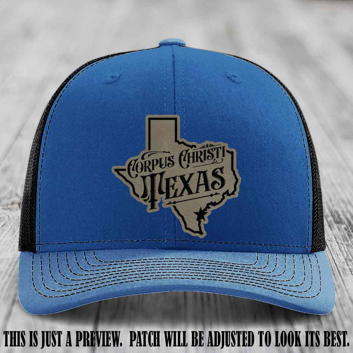 Corpus Christi Texas Light Brown to Black Patch Leather Patch on Royal to Black Hat Richardson 112 Hat