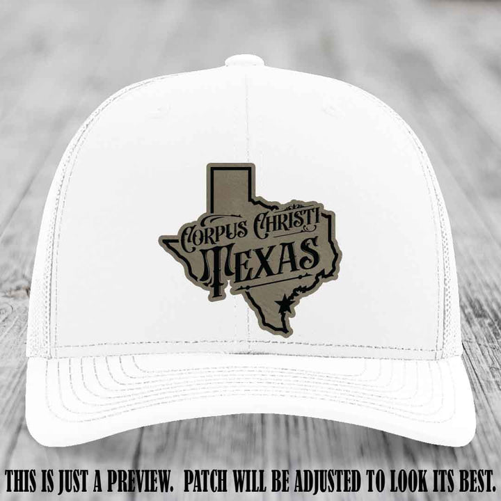Corpus Christi Texas Light Brown to Black Patch Leather Patch on White Hat Richardson 112 Hat
