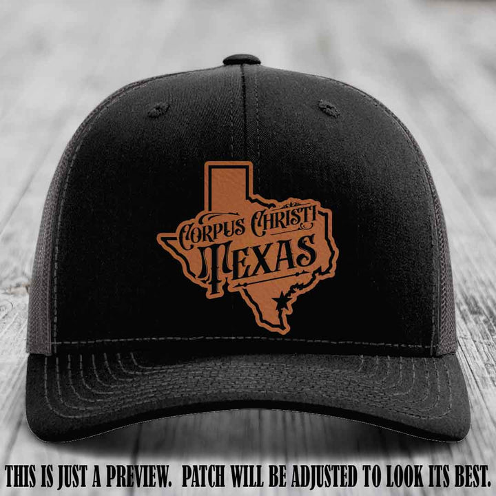 Corpus Christi Texas Rawhide to Black Patch Leather Patch on Black to Charcoal Hat Richardson 112 Hat