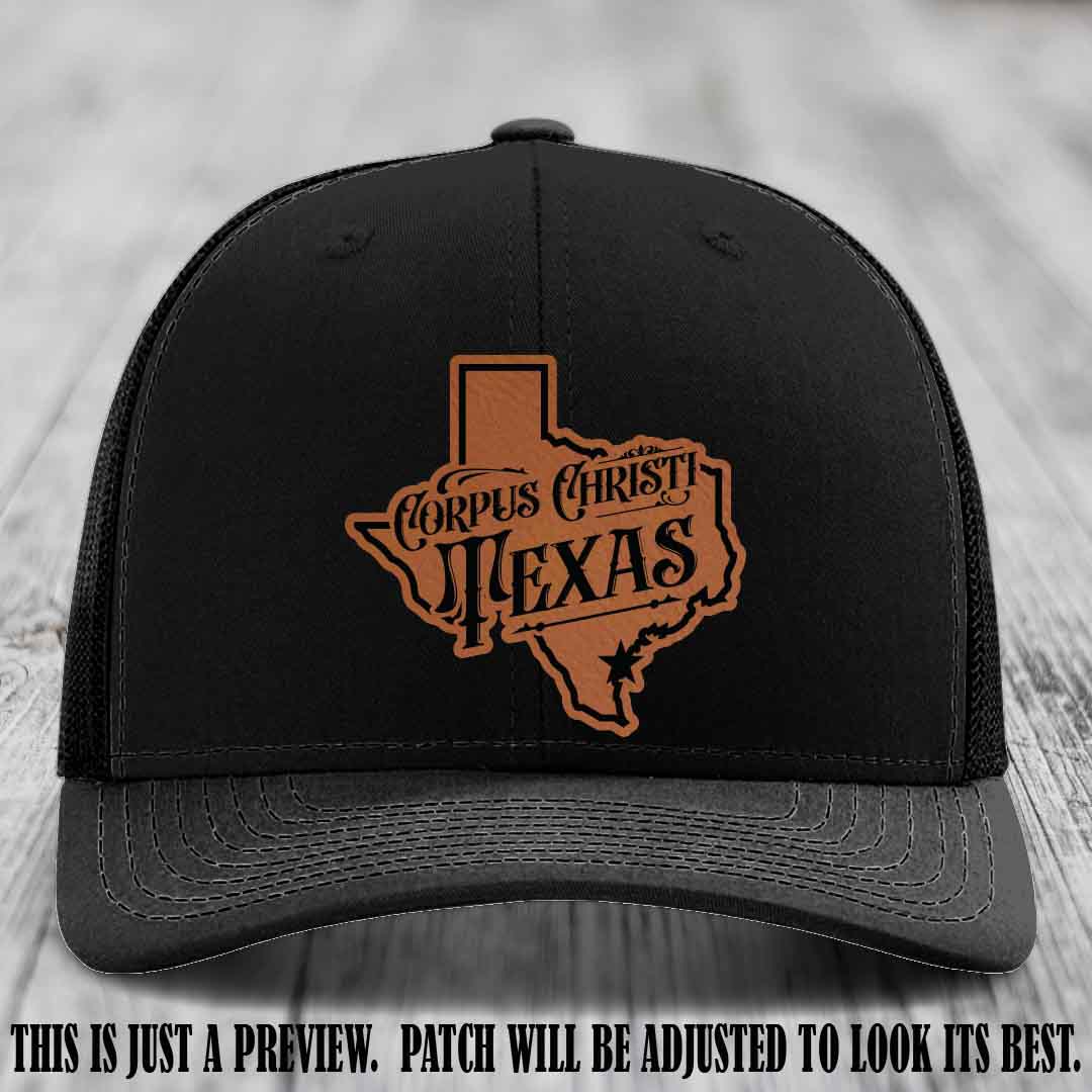 Corpus Christi Texas Rawhide to Black Patch Leather Patch on Black Hat Richardson 112 Hat
