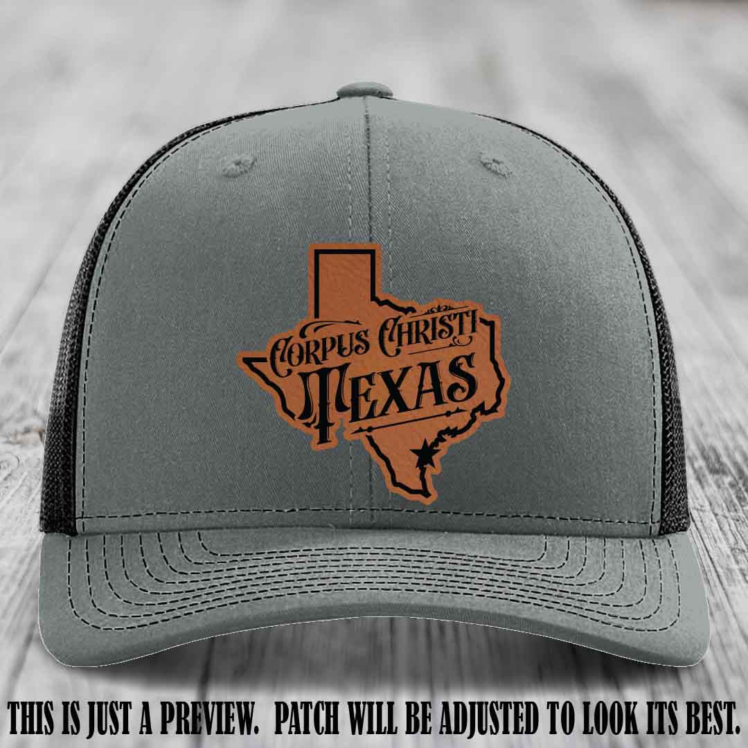 Corpus Christi Texas Rawhide to Black Patch Leather Patch on Heather Grey to Black Hat Richardson 112 Hat