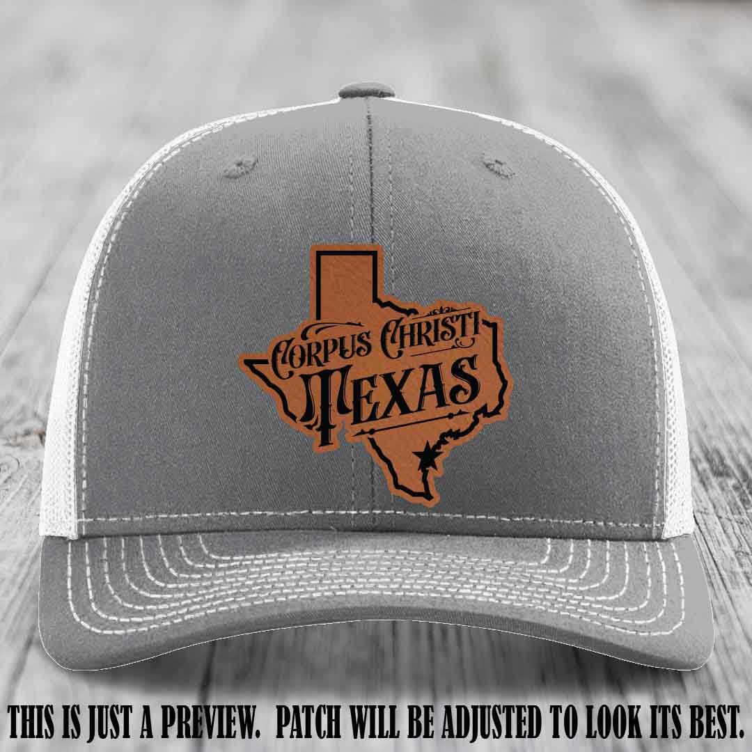 Corpus Christi Texas Rawhide to Black Patch Leather Patch on Heather Grey to White Hat Richardson 112 Hat