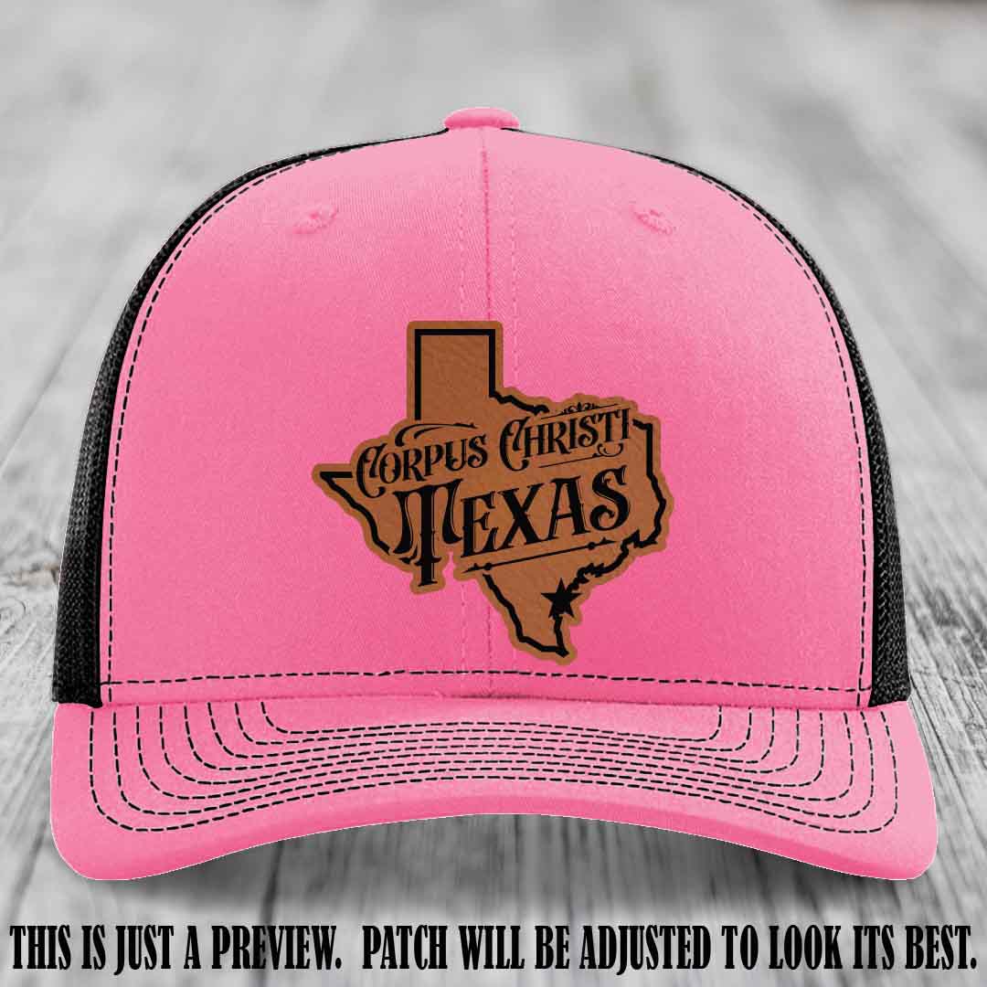 Corpus Christi Texas Rawhide to Black Patch Leather Patch on Hot Pink to Black Hat Richardson 112 Hat