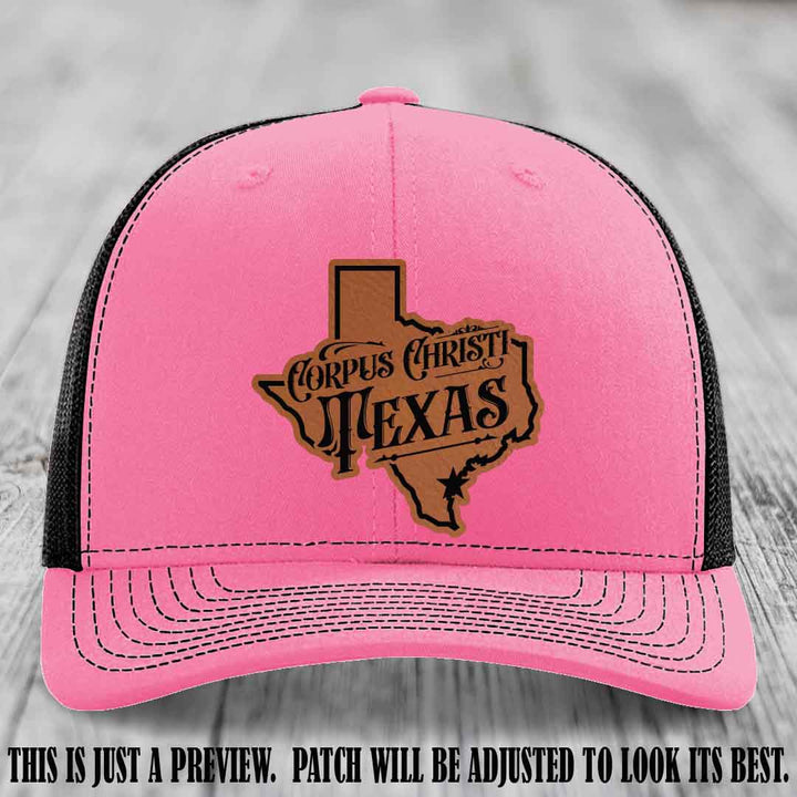 Corpus Christi Texas Rawhide to Black Patch Leather Patch on Hot Pink to Black Hat Richardson 112 Hat