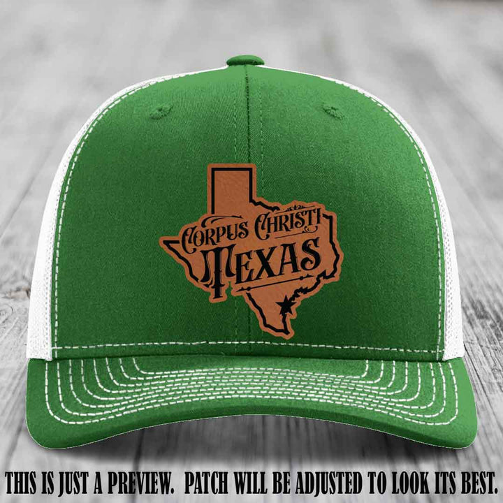 Corpus Christi Texas Rawhide to Black Patch Leather Patch on Kelly to White Hat Richardson 112 Hat