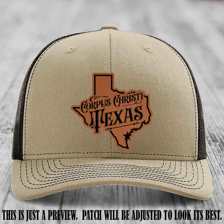 Corpus Christi Texas Rawhide to Black Patch Leather Patch on Khaki to Coffee Hat Richardson 112 Hat