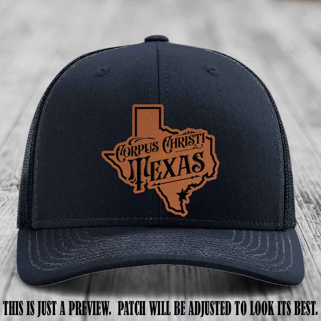 Corpus Christi Texas Rawhide to Black Patch Leather Patch on Navy Hat Richardson 112 Hat