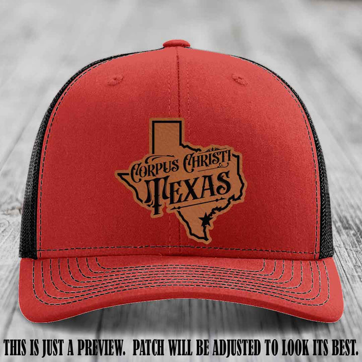 Corpus Christi Texas Rawhide to Black Patch Leather Patch on Red to Black Hat Richardson 112 Hat