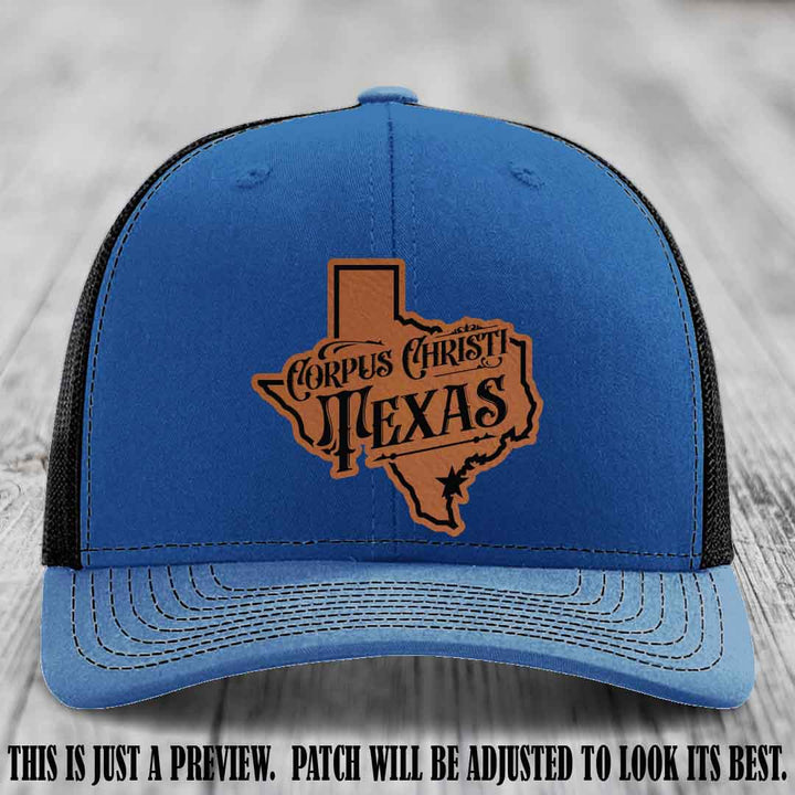 Corpus Christi Texas Rawhide to Black Patch Leather Patch on Royal to Black Hat Richardson 112 Hat