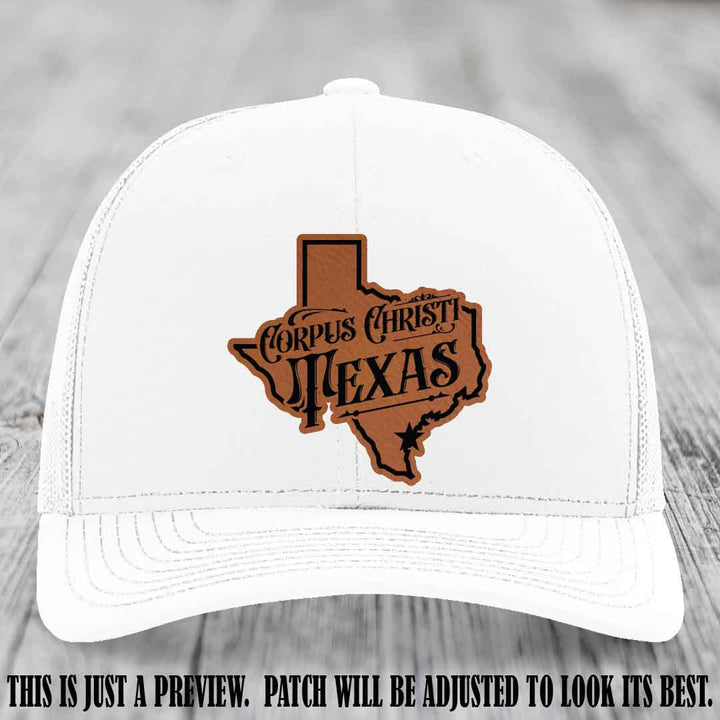 Corpus Christi Texas Rawhide to Black Patch Leather Patch on White Hat Richardson 112 Hat