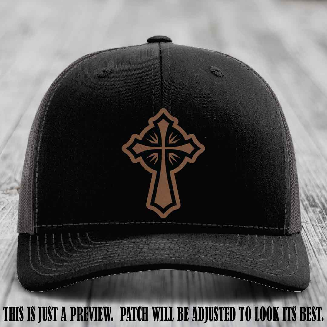 Crossfire Faith design on Dark Brown to Black Patch leather patch with Black to Charcoal Hat Richardson 112 hat.