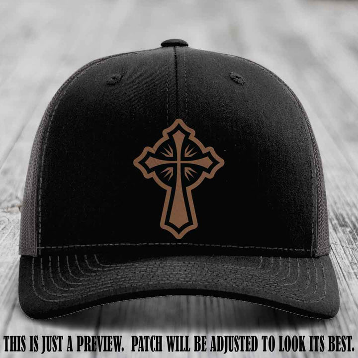 Crossfire Faith design on Dark Brown to Black Patch leather patch with Black to Charcoal Hat Richardson 112 hat.