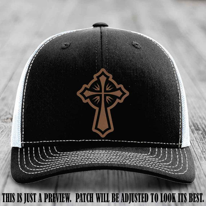 Crossfire Faith design on Dark Brown to Black Patch leather patch with Black to White Hat Richardson 112 hat.
