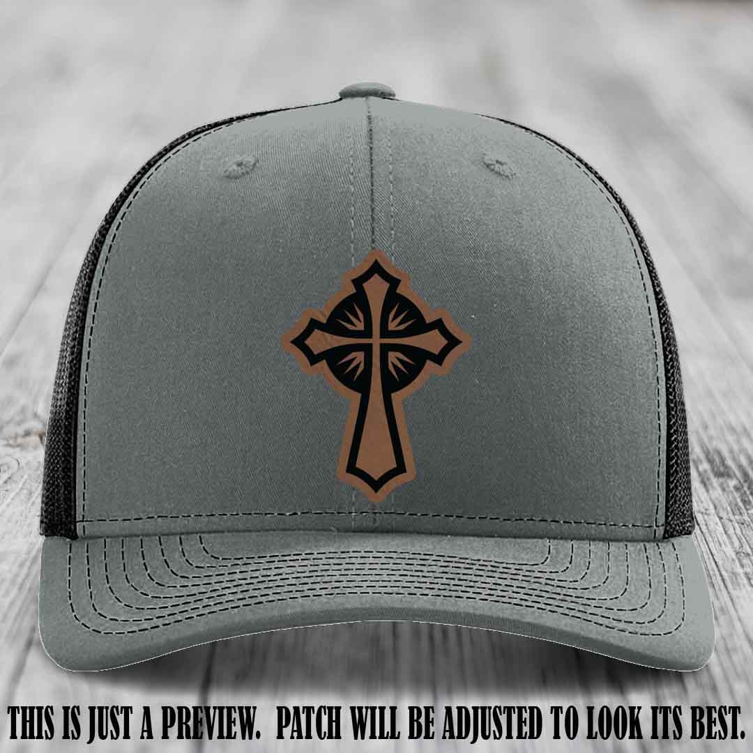 Crossfire Faith design on Dark Brown to Black Patch leather patch with Heather Grey to Black Hat Richardson 112 hat.