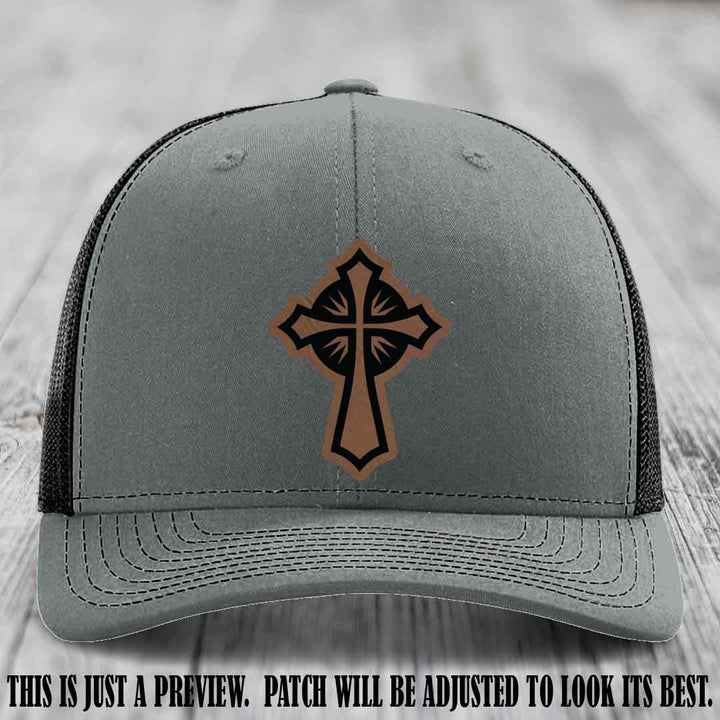 Crossfire Faith design on Dark Brown to Black Patch leather patch with Heather Grey to Black Hat Richardson 112 hat.