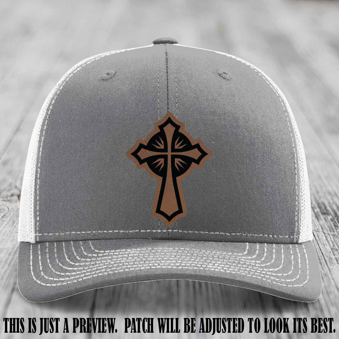 Crossfire Faith design on Dark Brown to Black Patch leather patch with Heather Grey to White Hat Richardson 112 hat.