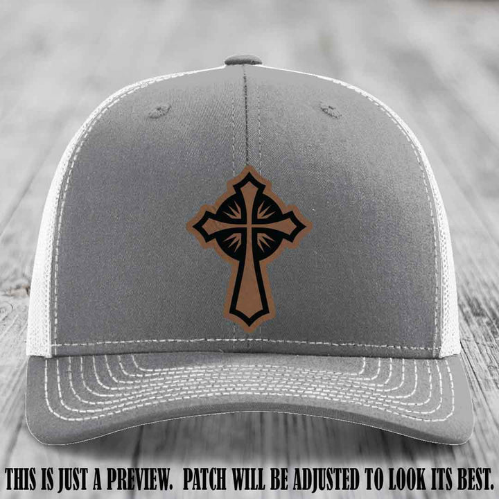 Crossfire Faith design on Dark Brown to Black Patch leather patch with Heather Grey to White Hat Richardson 112 hat.