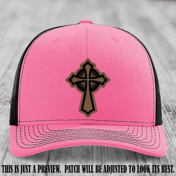 Crossfire Faith design on Dark Brown to Black Patch leather patch with Hot Pink to Black Hat Richardson 112 hat.