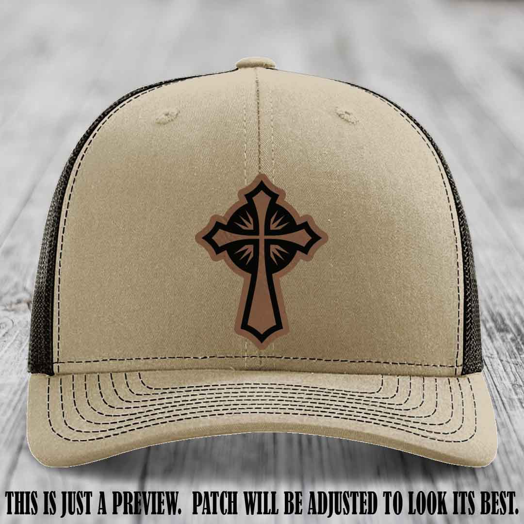 Crossfire Faith design on Dark Brown to Black Patch leather patch with Khaki to Coffee Hat Richardson 112 hat.
