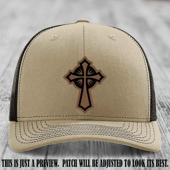 Crossfire Faith design on Dark Brown to Black Patch leather patch with Khaki to Coffee Hat Richardson 112 hat.