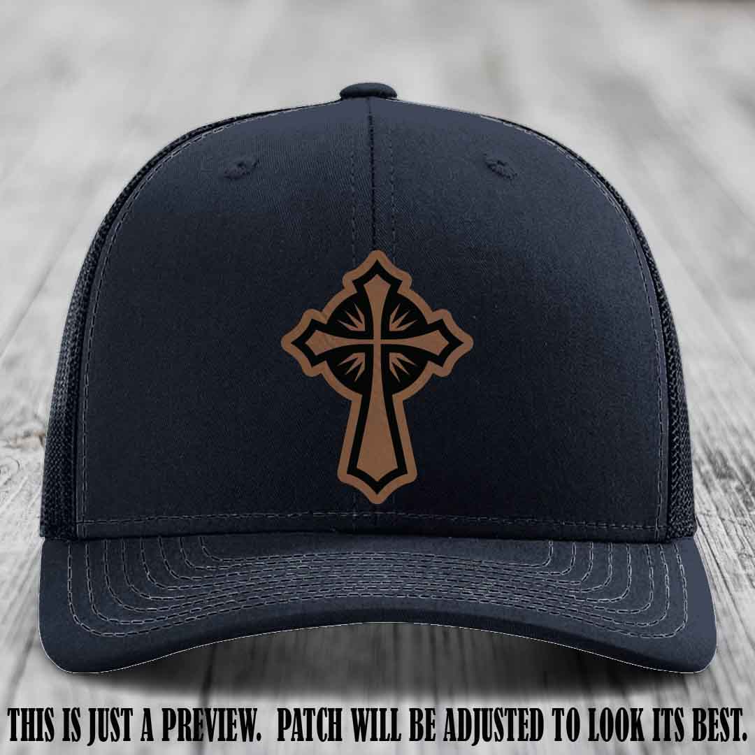 Crossfire Faith design on Dark Brown to Black Patch leather patch with Navy Hat Richardson 112 hat.