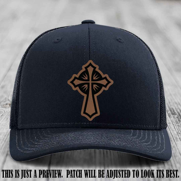 Crossfire Faith design on Dark Brown to Black Patch leather patch with Navy Hat Richardson 112 hat.