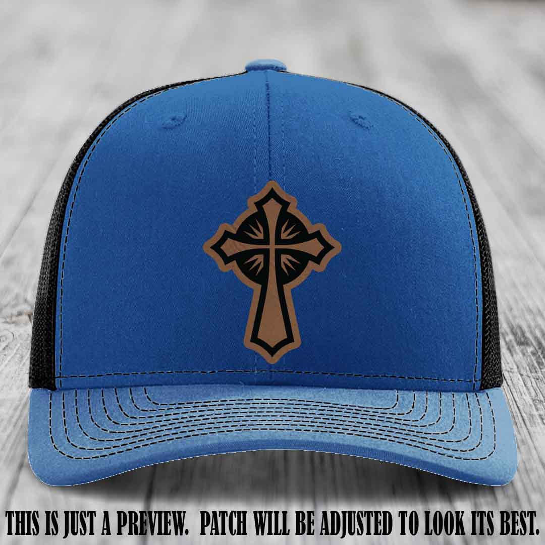 Crossfire Faith design on Dark Brown to Black Patch leather patch with Royal to Black Hat Richardson 112 hat.