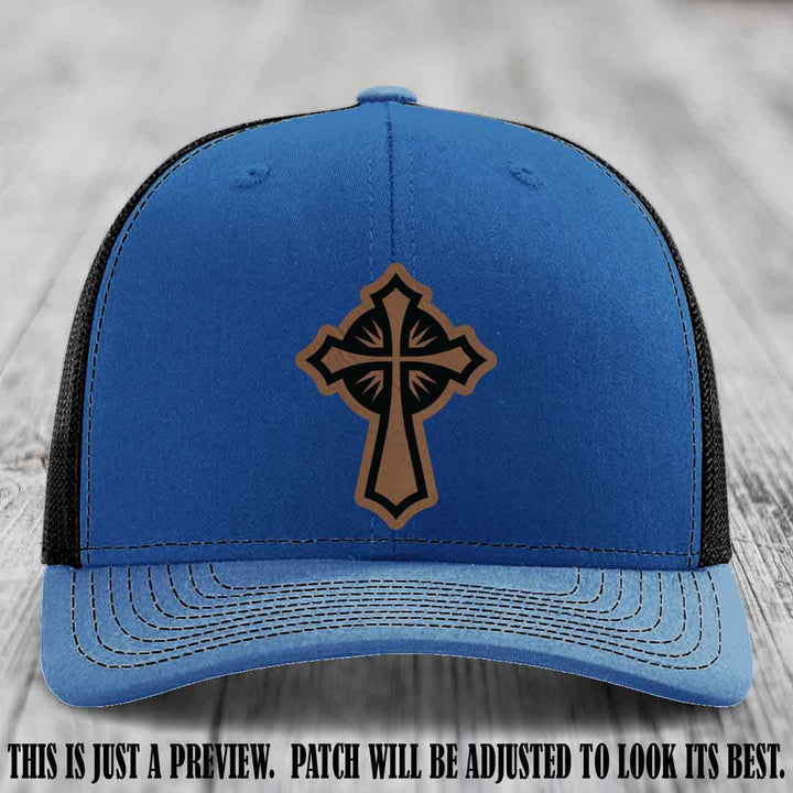 Crossfire Faith design on Dark Brown to Black Patch leather patch with Royal to Black Hat Richardson 112 hat.