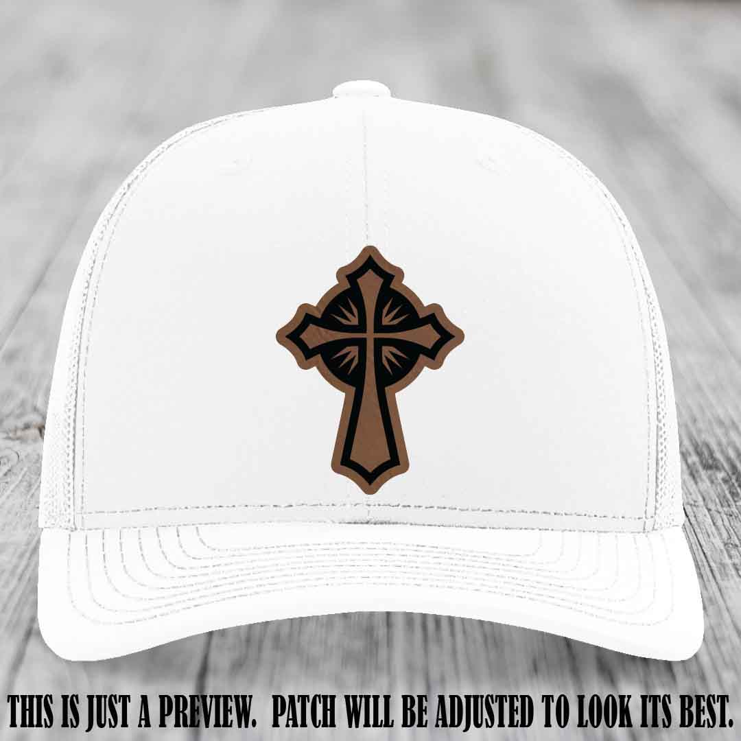 Crossfire Faith design on Dark Brown to Black Patch leather patch with White Hat Richardson 112 hat.