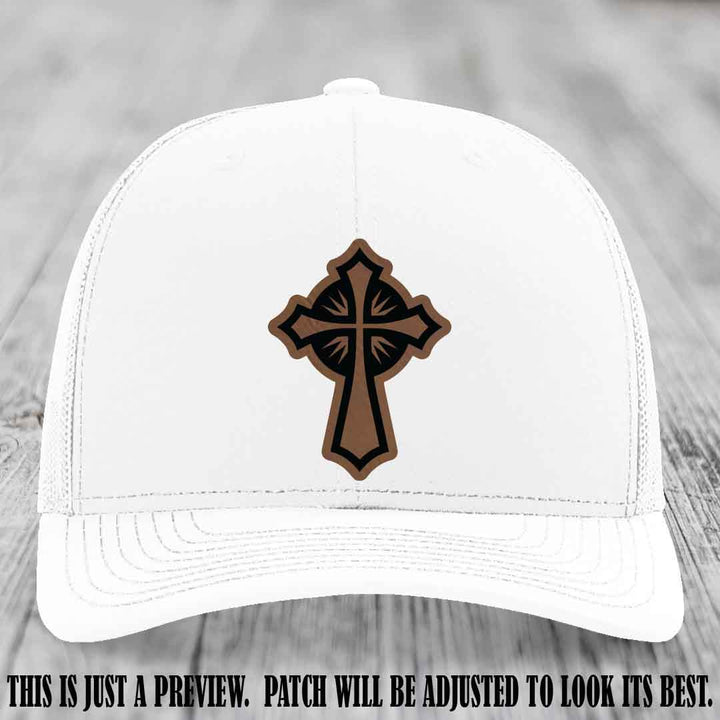 Crossfire Faith design on Dark Brown to Black Patch leather patch with White Hat Richardson 112 hat.