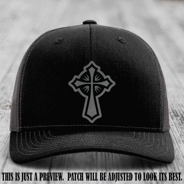 Crossfire Faith design on Grey to Black Patch leather patch with Black to Charcoal Hat Richardson 112 hat.