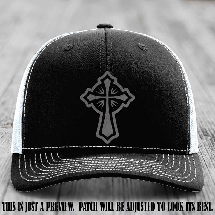 Crossfire Faith design on Grey to Black Patch leather patch with Black to White Hat Richardson 112 hat.