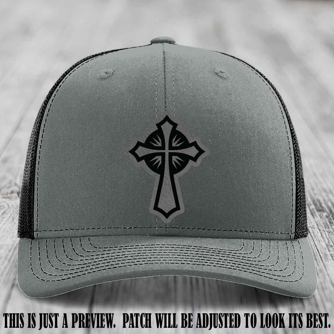 Crossfire Faith design on Grey to Black Patch leather patch with Heather Grey to Black Hat Richardson 112 hat.
