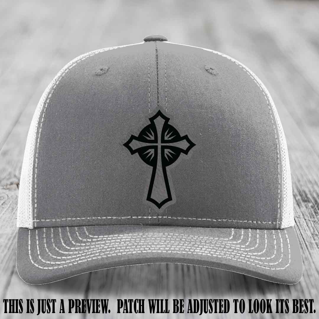 Crossfire Faith design on Grey to Black Patch leather patch with Heather Grey to White Hat Richardson 112 hat.