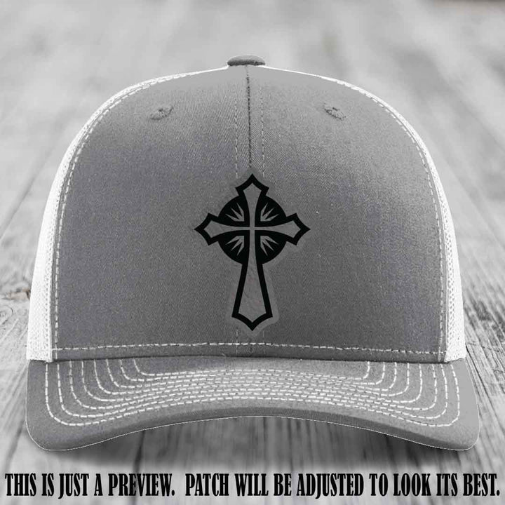 Crossfire Faith design on Grey to Black Patch leather patch with Heather Grey to White Hat Richardson 112 hat.