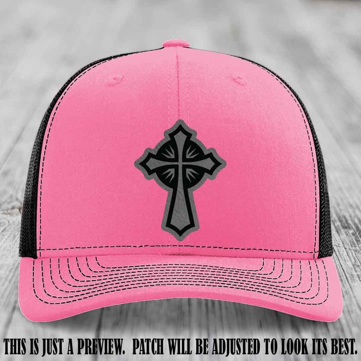 Crossfire Faith design on Grey to Black Patch leather patch with Hot Pink to Black Hat Richardson 112 hat.