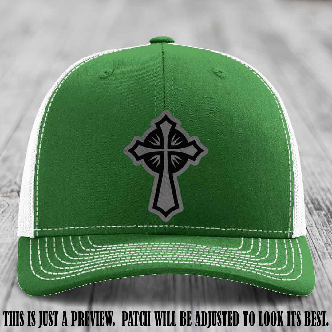 Crossfire Faith design on Grey to Black Patch leather patch with Kelly to White Hat Richardson 112 hat.