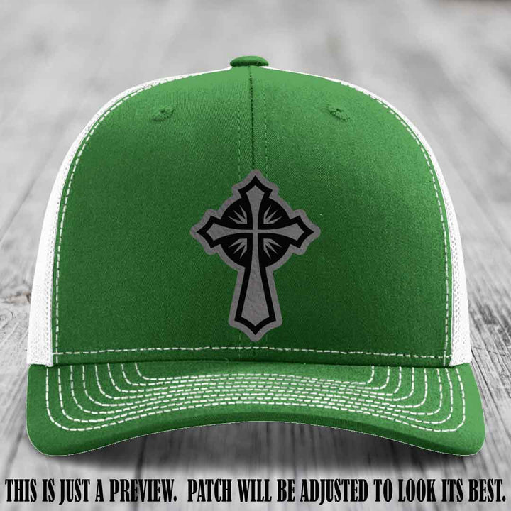 Crossfire Faith design on Grey to Black Patch leather patch with Kelly to White Hat Richardson 112 hat.