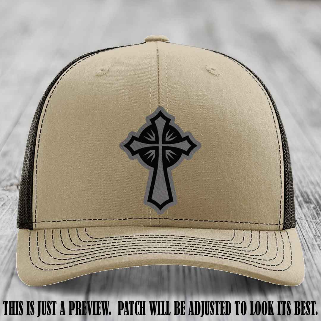 Crossfire Faith design on Grey to Black Patch leather patch with Khaki to Coffee Hat Richardson 112 hat.