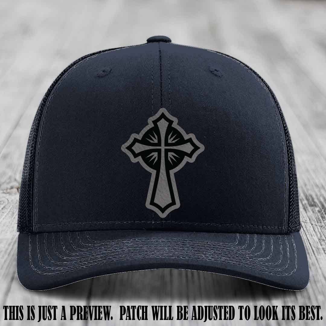 Crossfire Faith design on Grey to Black Patch leather patch with Navy Hat Richardson 112 hat.