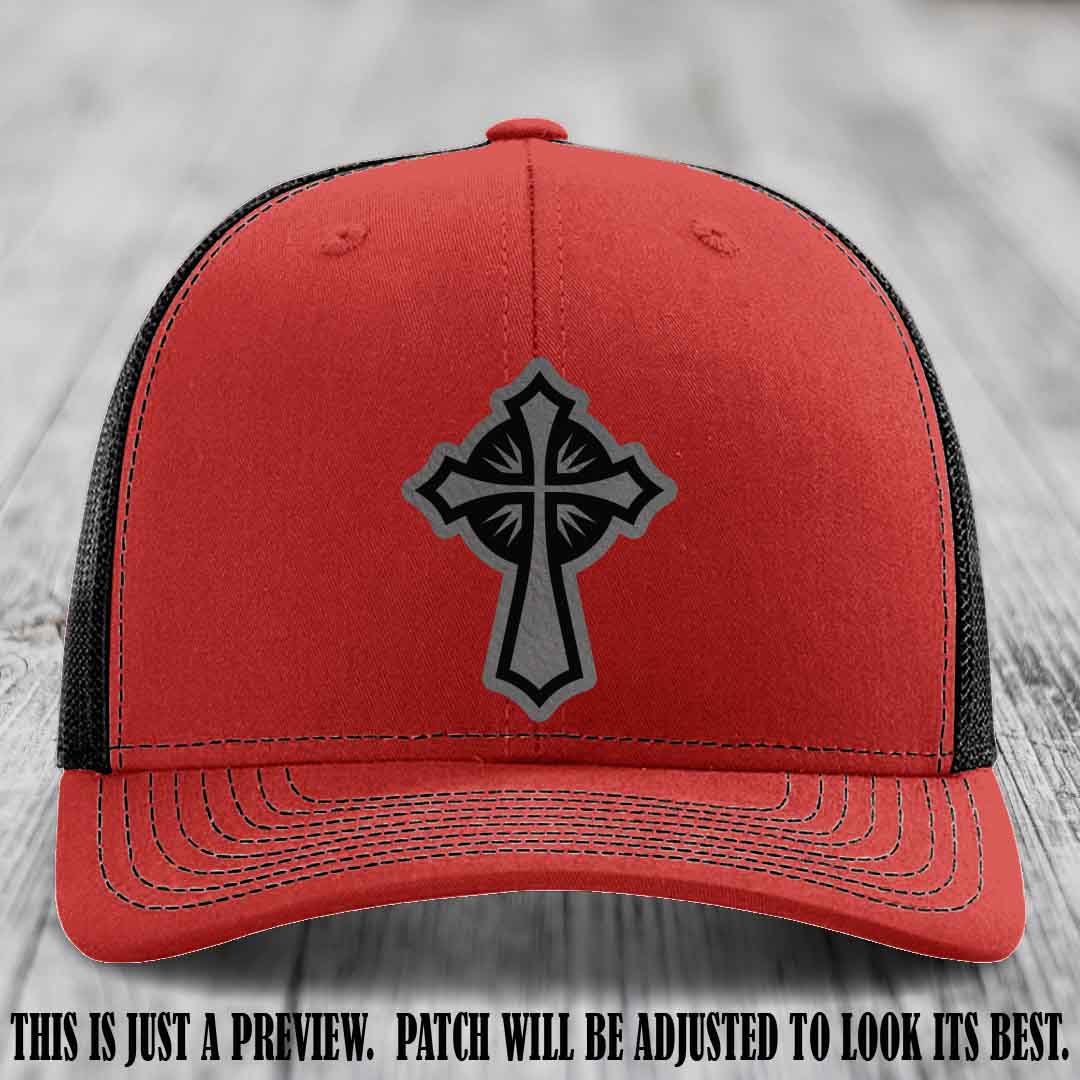Crossfire Faith design on Grey to Black Patch leather patch with Red to Black Hat Richardson 112 hat.