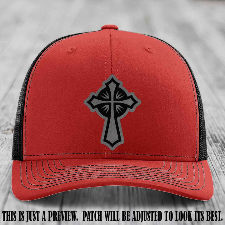 Crossfire Faith design on Grey to Black Patch leather patch with Red to Black Hat Richardson 112 hat.