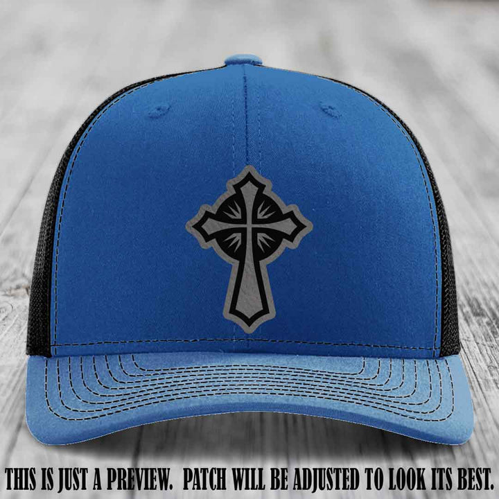 Crossfire Faith design on Grey to Black Patch leather patch with Royal to Black Hat Richardson 112 hat.