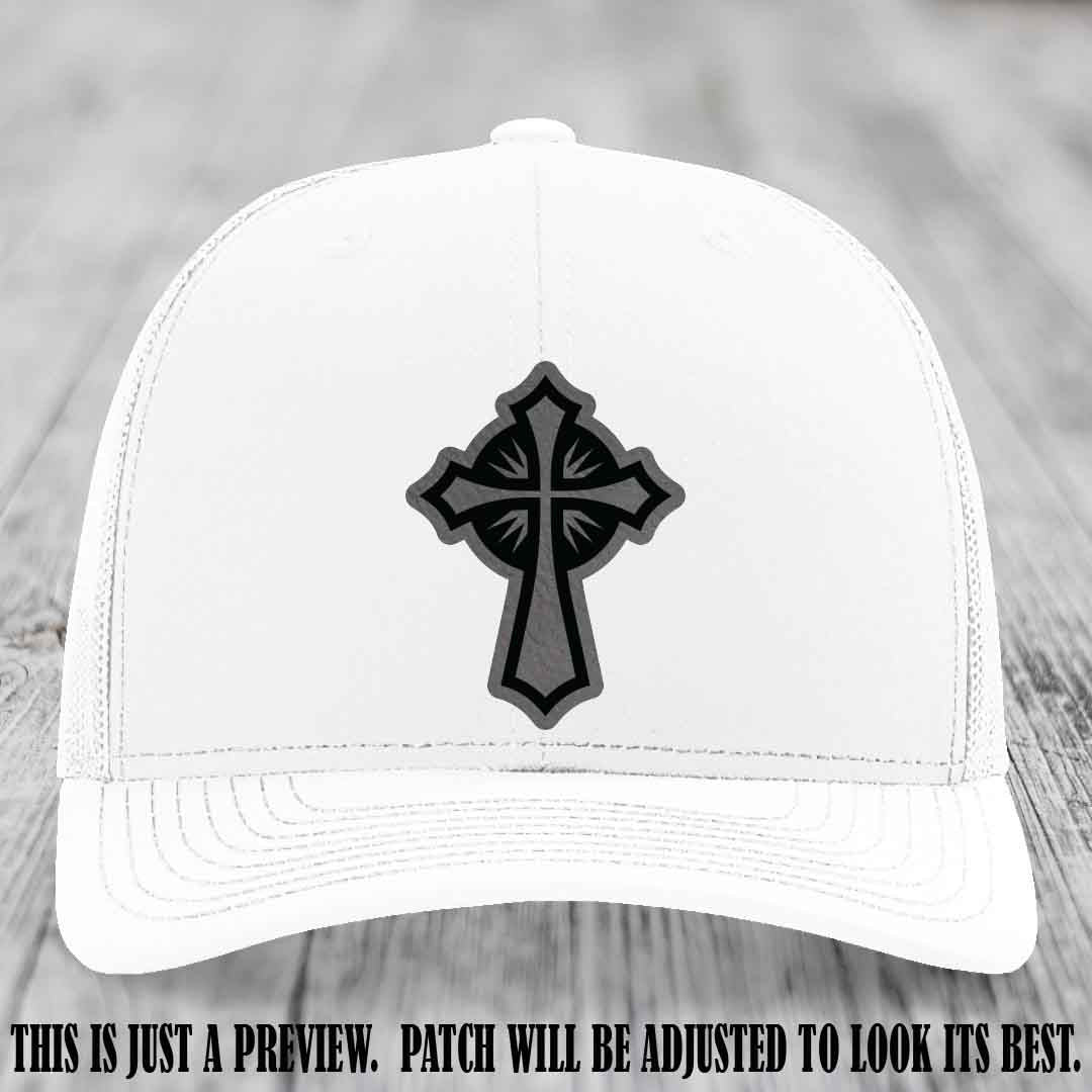 Crossfire Faith design on Grey to Black Patch leather patch with White Hat Richardson 112 hat.