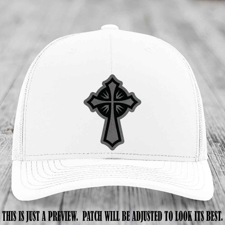 Crossfire Faith design on Grey to Black Patch leather patch with White Hat Richardson 112 hat.