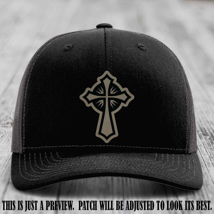Crossfire Faith design on Light Brown to Black Patch leather patch with Black to Charcoal Hat Richardson 112 hat.