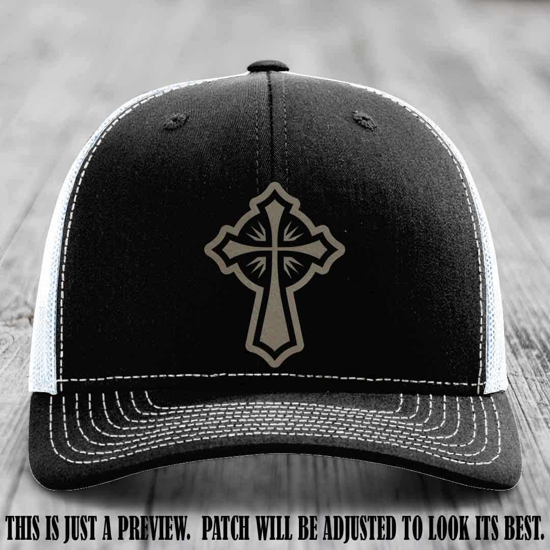 Crossfire Faith design on Light Brown to Black Patch leather patch with Black to White Hat Richardson 112 hat.