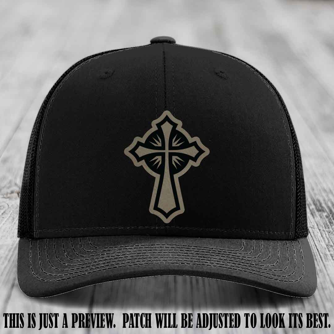 Crossfire Faith design on Light Brown to Black Patch leather patch with Black Hat Richardson 112 hat.